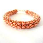 Coral Bracelet, Coral Pink Beaded Bracelet, Gold..