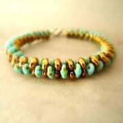 turquoise bangle bracelet, turquoise bronze beaded bracelet, Seed Bead bracelet, Bangle Bracelet, summer colors bracelet, Beaded Bracelet,