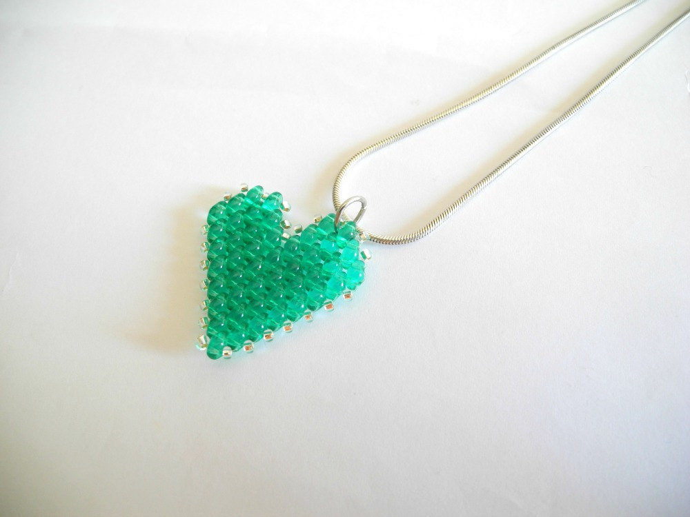 Emerald Heart, Beaded Pendant, Heart Pendant Necklace, Beadwork, Emerald Heart Necklace, Emerald Pendant