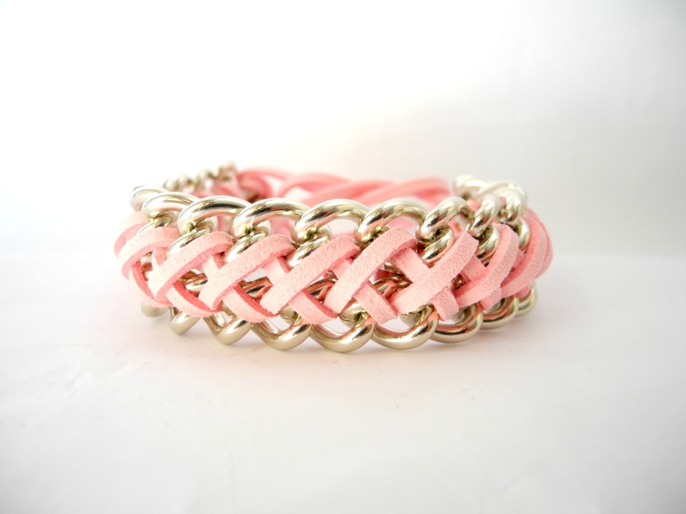 Braided Bracelet,silver Chain Bracelet,pink Suede And Chain Bracelet, Friendship Bracelet, Woven Bracelet,pink, Spring Bracelet.