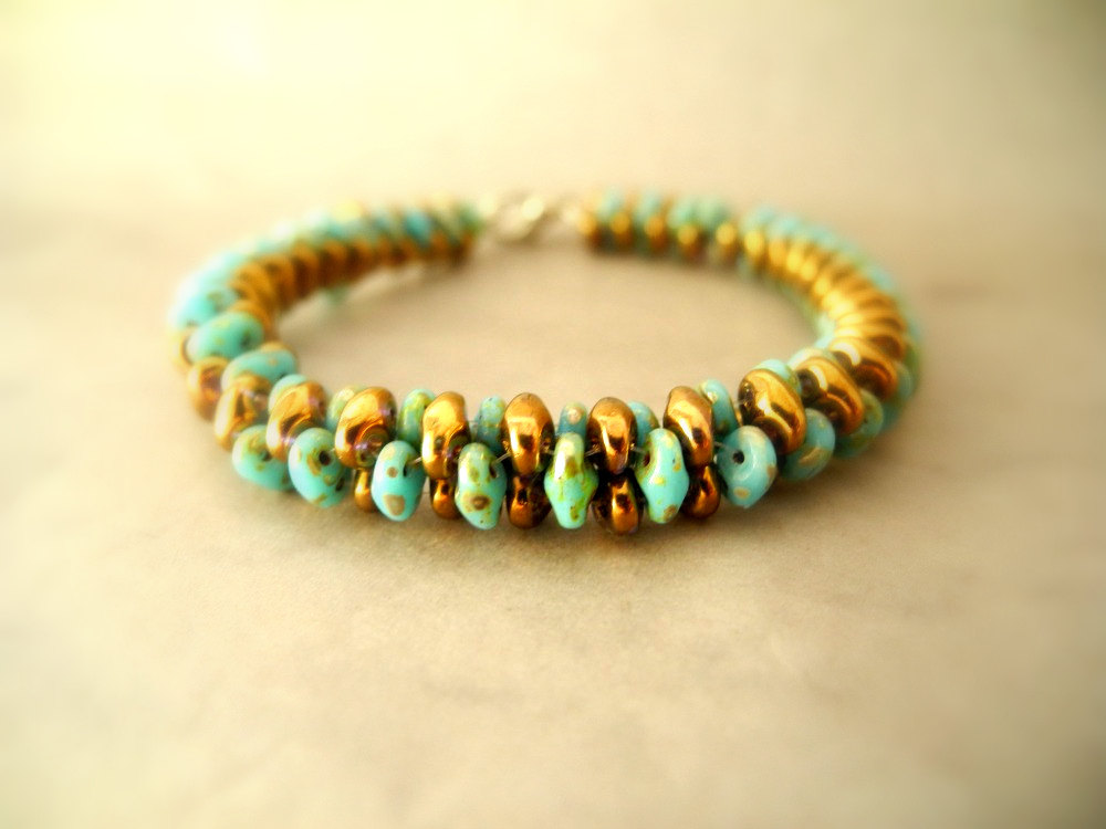Turquoise Bangle Bracelet, Turquoise Bronze Beaded Bracelet, Seed Bead Bracelet, Bangle Bracelet, Summer Colors Bracelet, Beaded Bracelet,