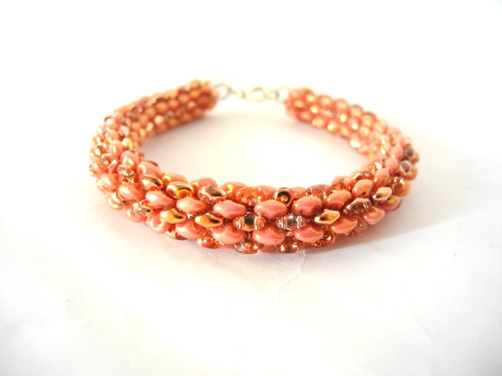 Coral Bracelet, Coral Pink Beaded Bracelet, Gold And Pink Seed Bead Bracelet, Summer Colors Bracelet, Woven, Beaded Bracelet,