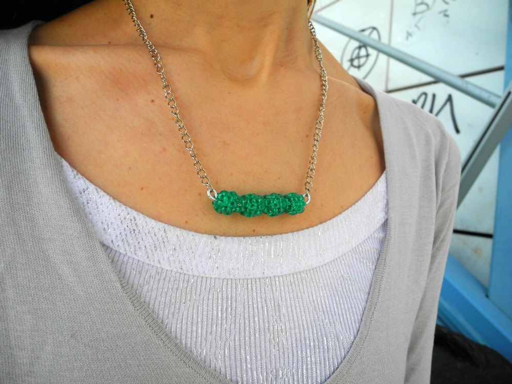 Emerald Necklace, Emerald Bar Necklace, Beaded Bar Necklace, Beadwork, Silver Necklace, Green
